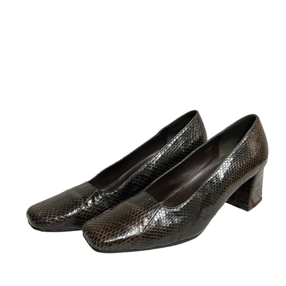 Vintage Carlos Falchi Shoes‎ Genuine Snakeskin Pumps Block Heels Dark Brown 7.5